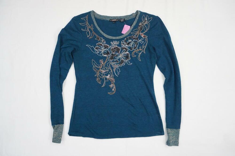 MISS ME WOMEN/JUNIOR L USED TEAL KNITTED/SEQUINS FLOWERS SWEATER/PULLOVER/TOP